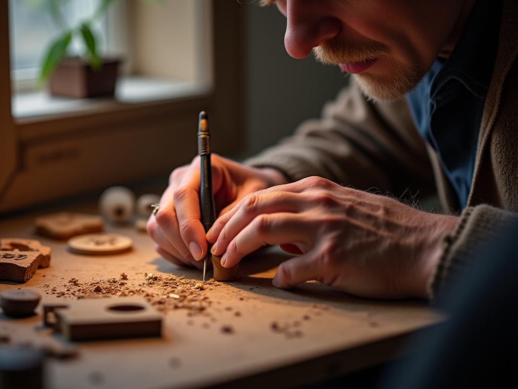 Artesano grabando joyería de madera en el taller